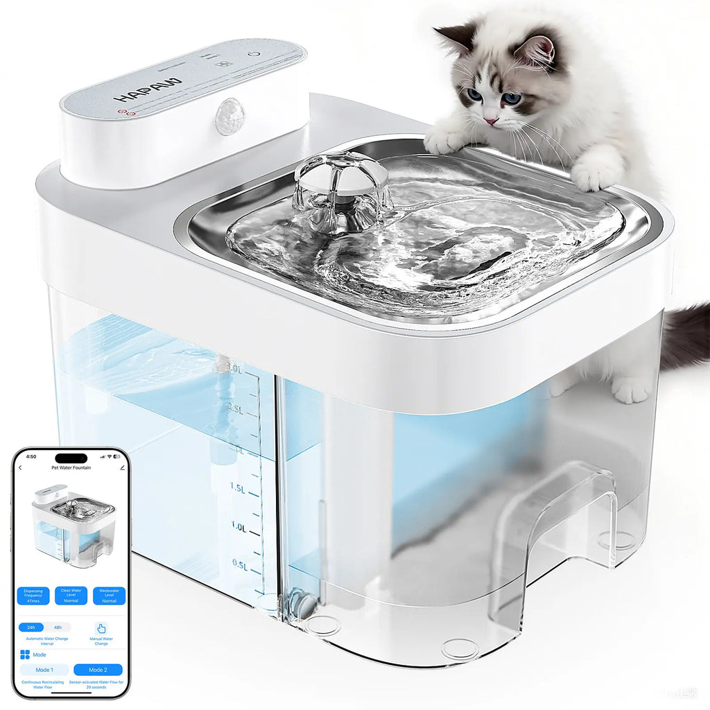 HAPAW 2026 Latest Cat Water Fountain with 2.4G Wi-Fi APP Control 5000Mah Battery Separated Clean & Waste Water No Filter Plug-In Automatic Dispenser
