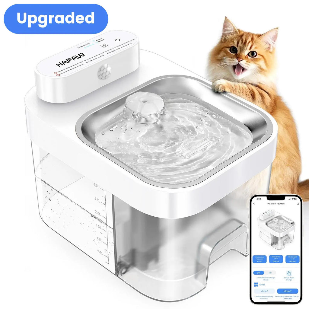 HAPAW 2026 Latest Cat Water Fountain with 2.4G Wi-Fi APP Control 5000Mah Battery Separated Clean & Waste Water No Filter Plug-In Automatic Dispenser
